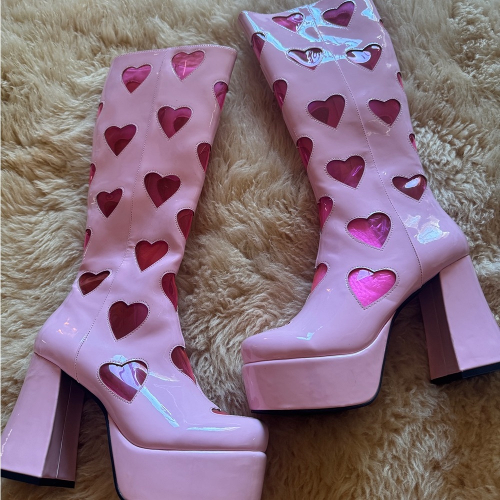 Pink Heart Cutout Platform Boots